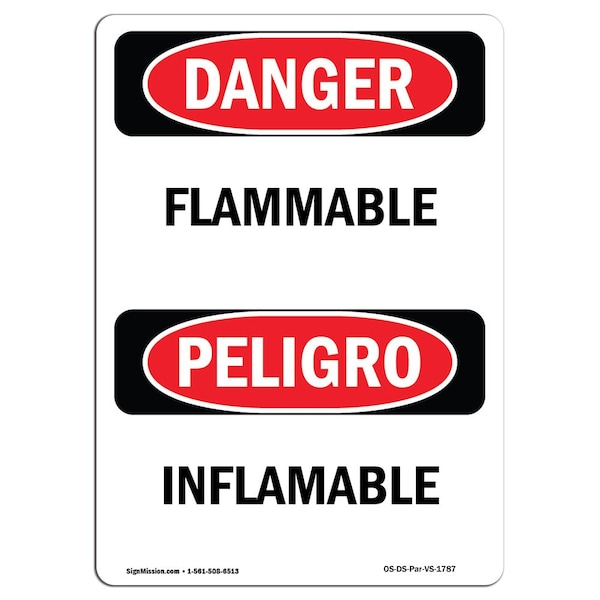 Safety Sign, OSHA Danger, 24" Height, Rigid Plastic, Flammable, Bilingual Spanish